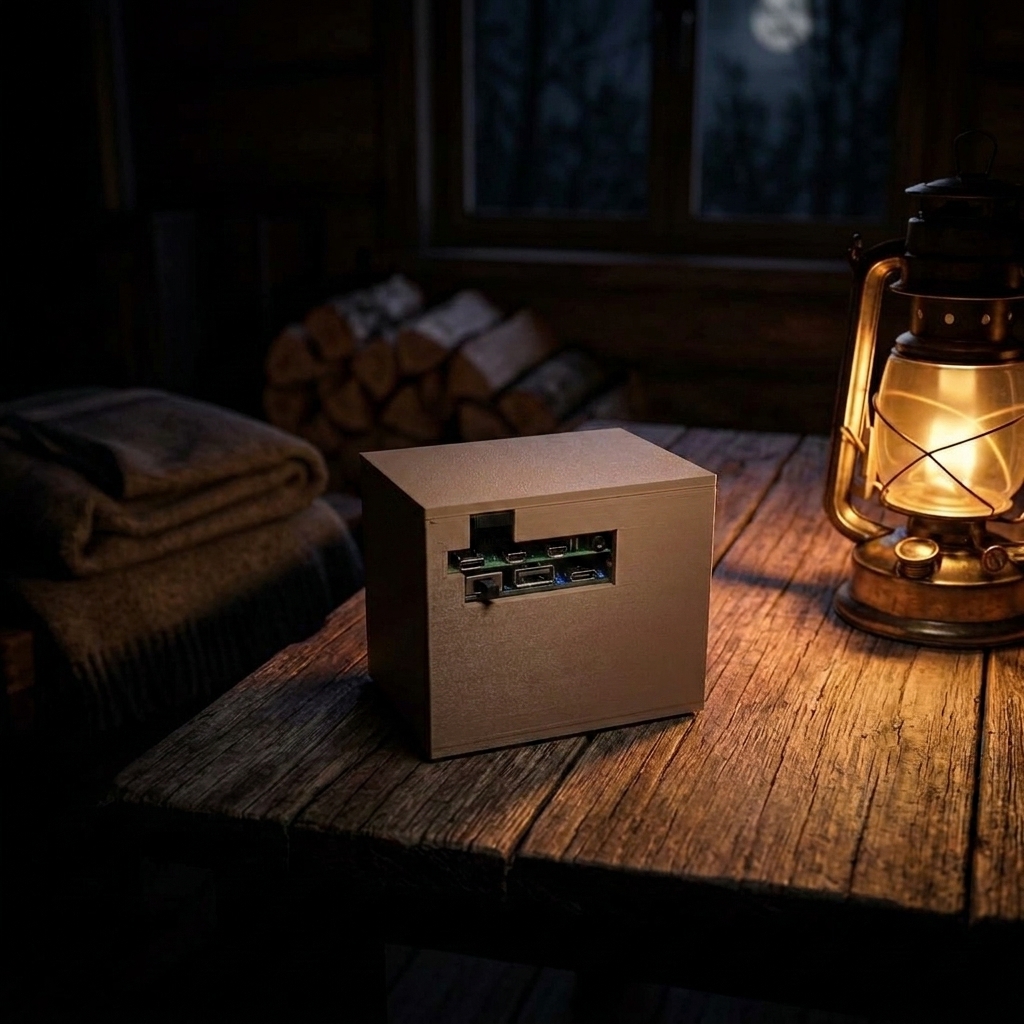Illustration: the GridFall Library box on a cabin table lit by a lantern during a nighttime power outage