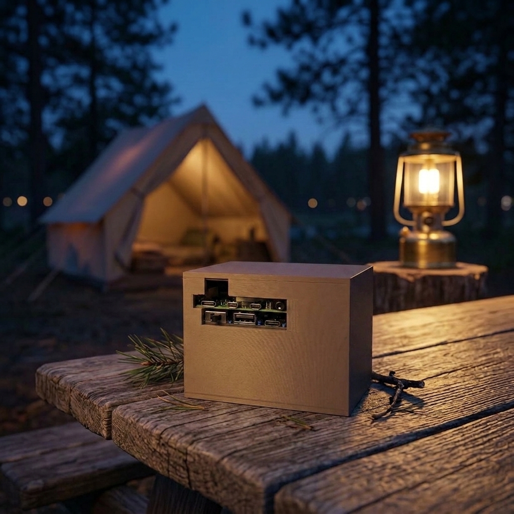 Illustration: the GridFall Library box on a campsite picnic table at dusk, with a glowing tent and lantern behind it